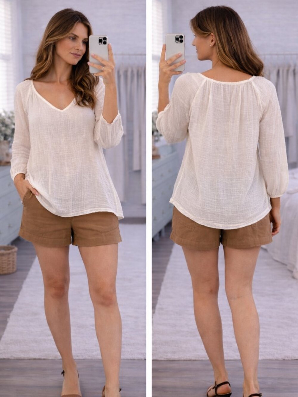 Ivory Gauze Boho Peasant Blouse | Flowy 3/4 Sleeve Top | Sz. S/P
